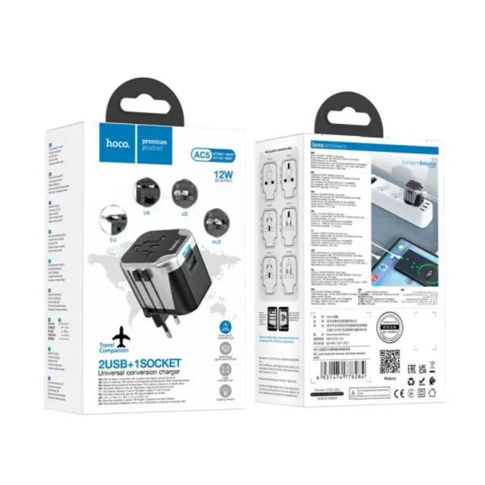 Сетевой фильтр питания HOCO AC5 1 роз, 2 USB, 1,5м, Black/Gray (AC5ABG) изображение 4