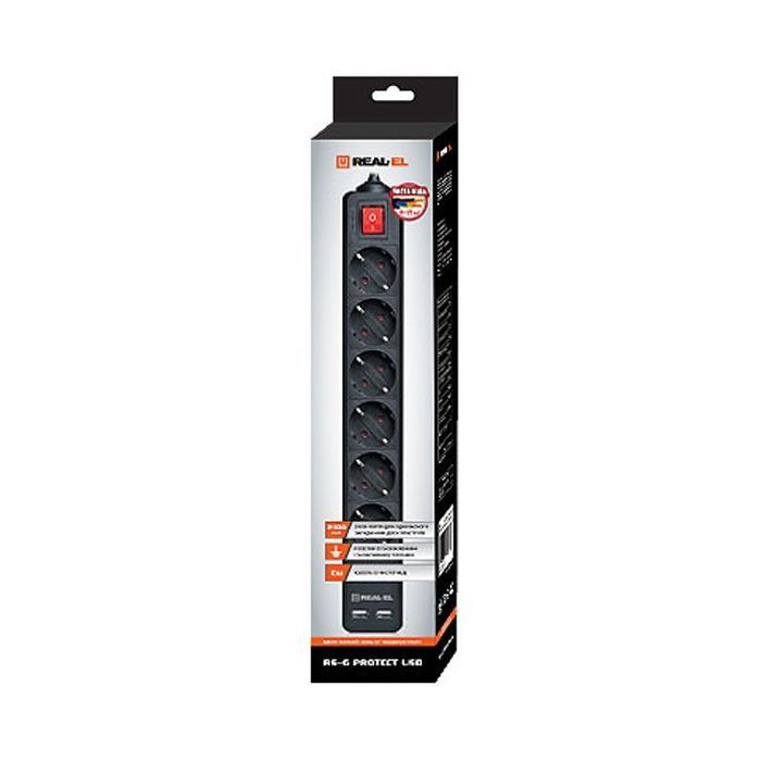 Мережевий фільтр живлення REAL-EL REAL-EL RS-6 PROTECT USB, 5m, black (EL122300018) зображення 2