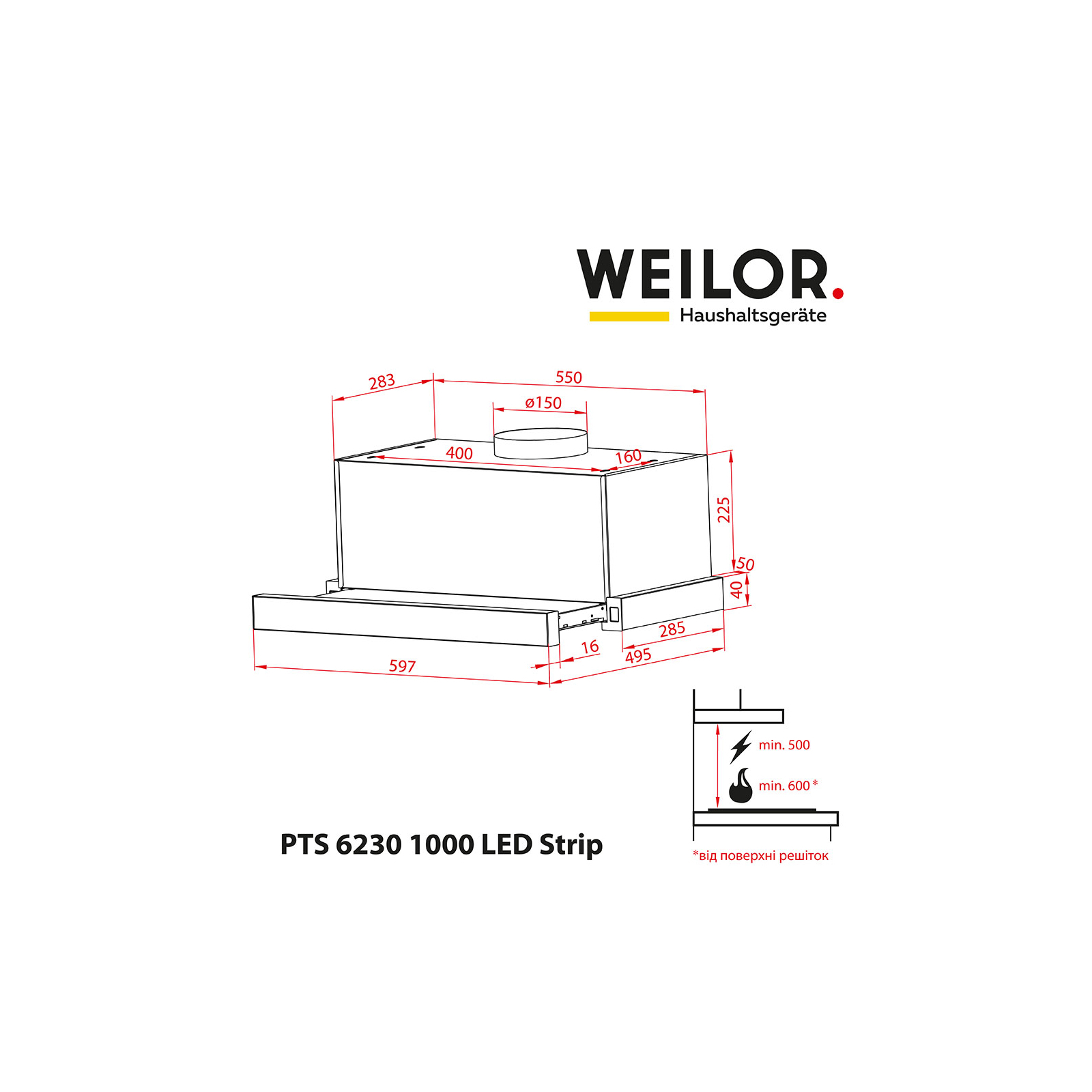 Витяжка кухонна Weilor PTS 6230 WH 1000 LED strip зображення 2