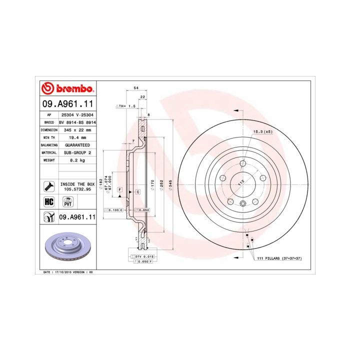 Тормозной диск Brembo 09.A961.11