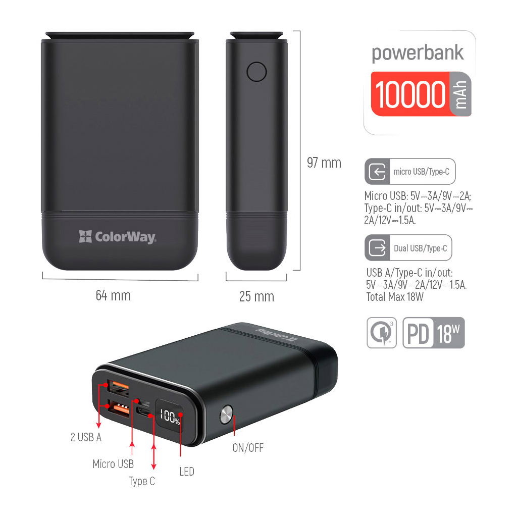 Батарея універсальна ColorWay 10 000 mAh Compact (USB QC3.0 + USB-C Power Delivery 18W) Bl (CW-PB100LPJ3BK-PDD) зображення 4