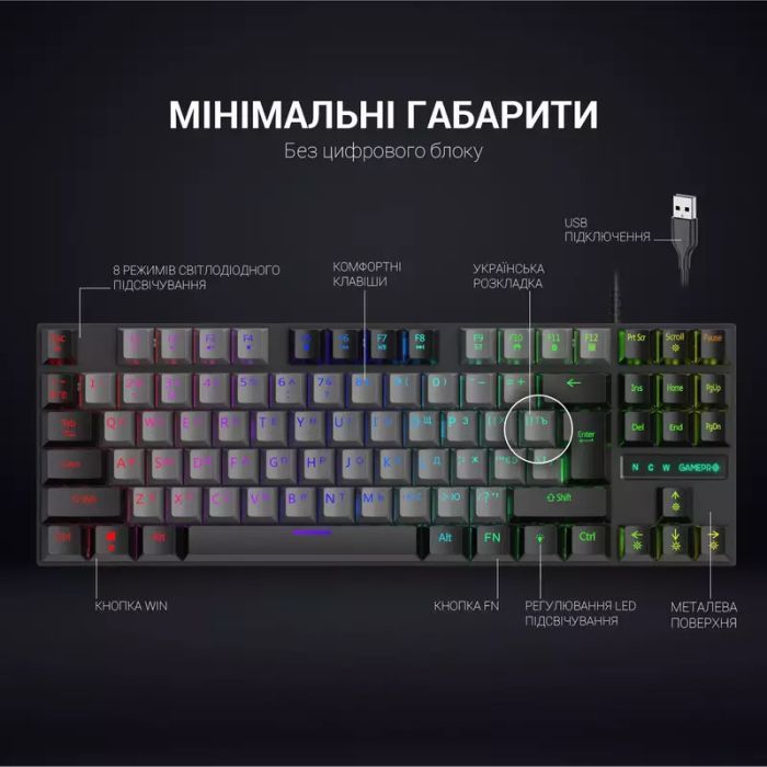 Клавіатура GamePro MK100B Blue Switch LED USB Black (MK100B) зображення 7