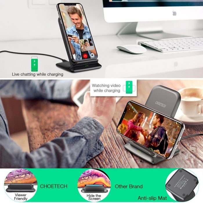 Зарядное устройство Choetech 15W Fast Wireless Charging Stand 2coils black (T555-F-BK) изображение 8