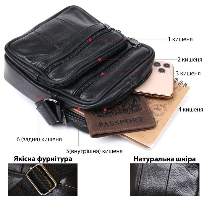 Сумка Vintage Кожаная мужская Черная (20370) изображение 4