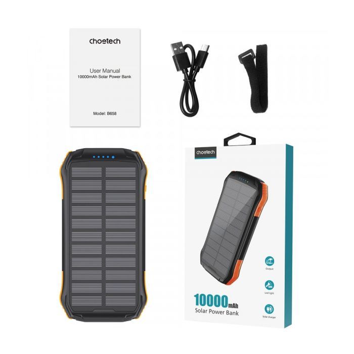 Батарея универсальная Choetech 10000mAh 10W 2USB-A+USB-C,solar panel Black-Orange (B658-OR) изображение 4