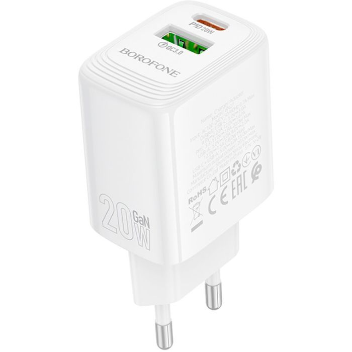 Зарядное устройство BOROFONE BN27 Fuente 1xUSB-C PD20W + 1xUSB QC3.0 White (6941991120268) изображение 4