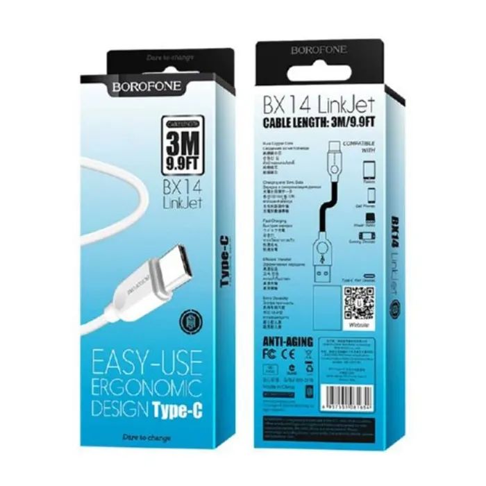 Дата кабель USB 2.0 AM to USB-C 3.0m 2.4A BX14 white BOROFONE (6957531090397) изображение 2