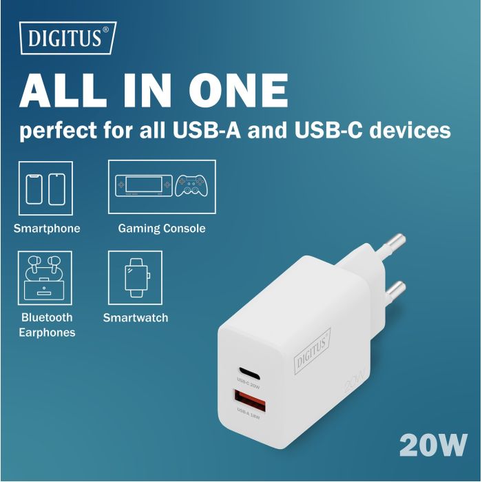 Зарядний пристрій Digitus 1xUSB-C + 1xUSB 20W (DA-10300) зображення 11