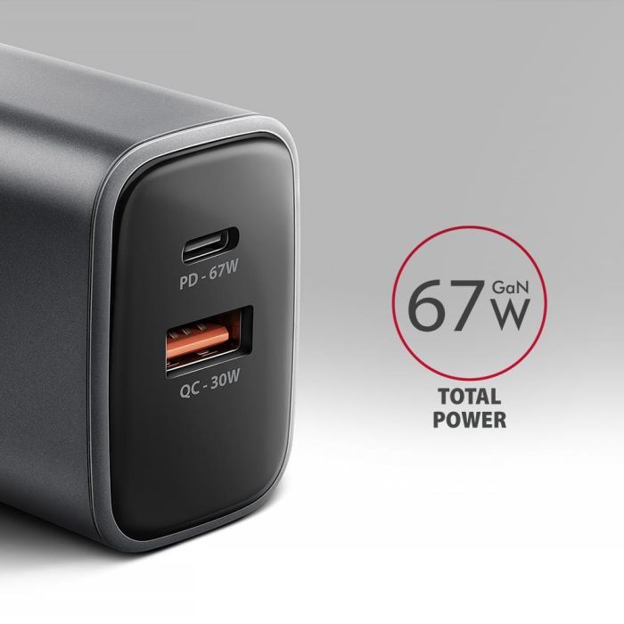 Зарядний пристрій AXAGON 1xUSB-C PD67W + 1xUSB QC4+ PPS gray (ACU-PQ67) зображення 2
