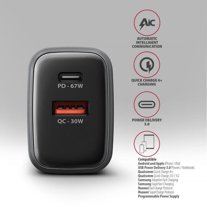 Зарядний пристрій AXAGON 1xUSB-C PD67W + 1xUSB QC4+ PPS gray (ACU-PQ67) зображення 4