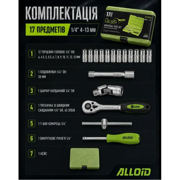 Набор торцевых головок Alloid 1/4", 17шт., 4-13мм (НГ-2017П) изображение 10