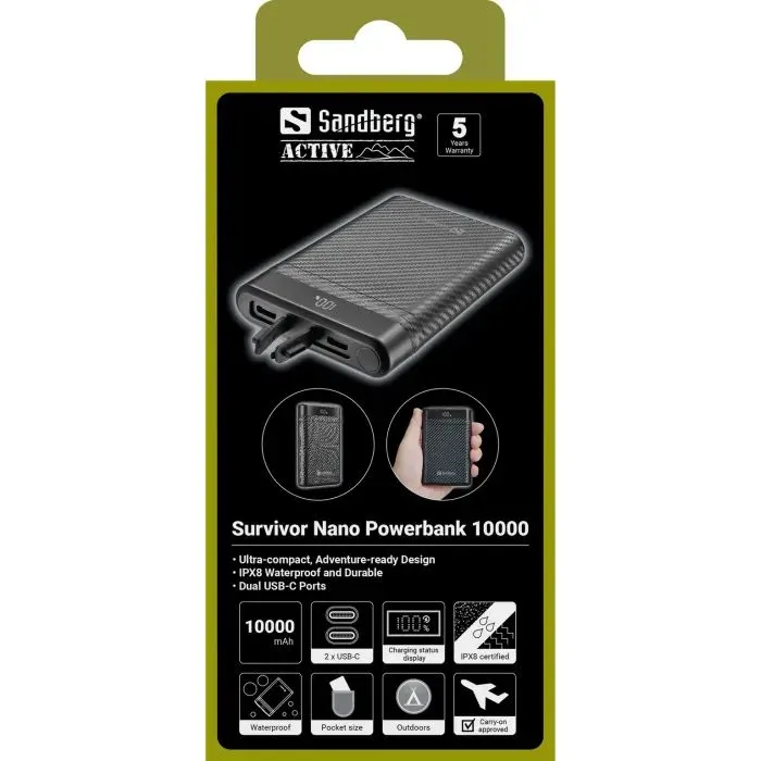 Батарея универсальная Sandberg 10000mAh, 20W, PD, Survivor Nano, IPX8 (421-32) изображение 3