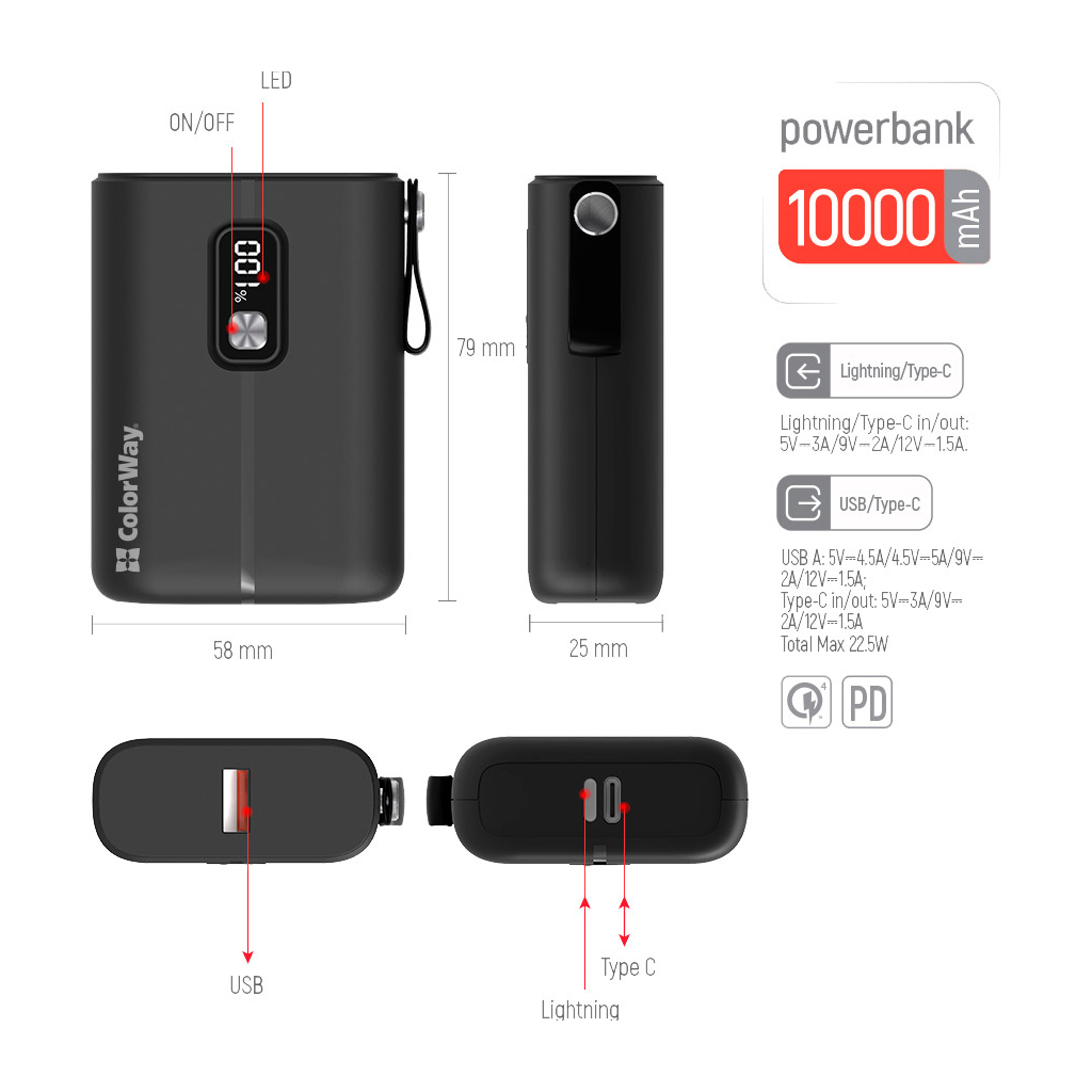 Батарея універсальна ColorWay 10 000 mAh Full power (USB QC3.0 + USB-C Power Delivery 22.5 (CW-PB100LPK2BK-PDD) зображення 4