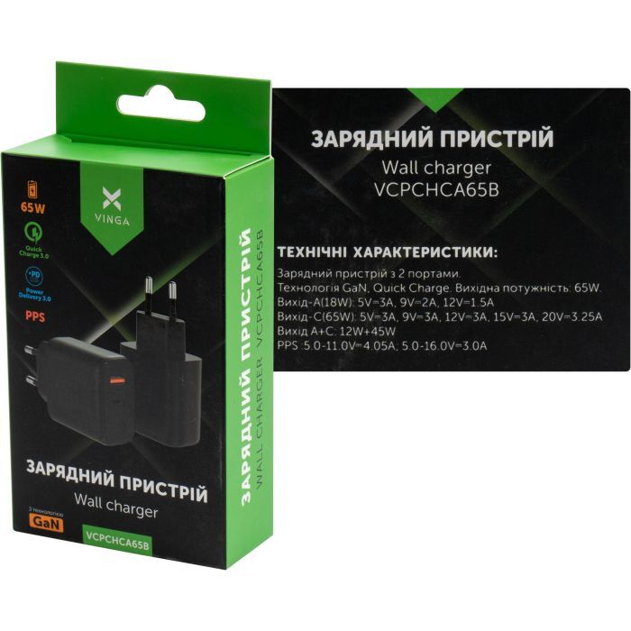 Зарядний пристрій Vinga GaN 65W PD+QC 1C1A ports Wall Charger (VCPCHCA65B) зображення 5
