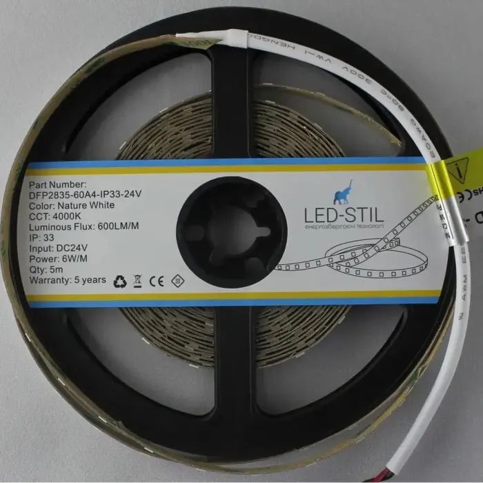 Світлодіодна стрічка LED-STIL 4000K 6 Вт/м 2835 60 діодів IP33 24 Вольта 600 lm нейтральне світло (DFP2835-60A4-IP33-24V) зображення 4