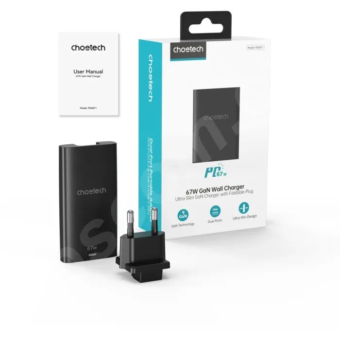 Зарядний пристрій Choetech 2xUSB 65W GaN (USB-C+USB-A) Ultra thin (PD6011-EU-BK) зображення 2