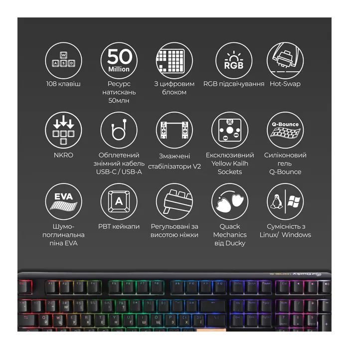 Клавиатура Ducky One 3 Cherry MX Blue RGB UA USB Black (DKON2108ST-CUAPXCLAWSC1) изображение 4
