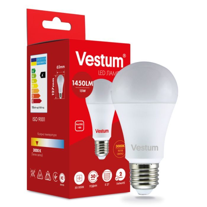 Лампочка Vestum LED A65 15W 3000K 220V E27 (1-VS-1102) изображение 2