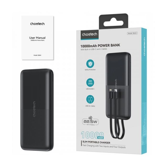 Батарея универсальная Choetech 10000mAh 22,5W, MicroUSB, USB-A, USB-C, build-in USB-C/Lightning cable (B654-BK) изображение 3