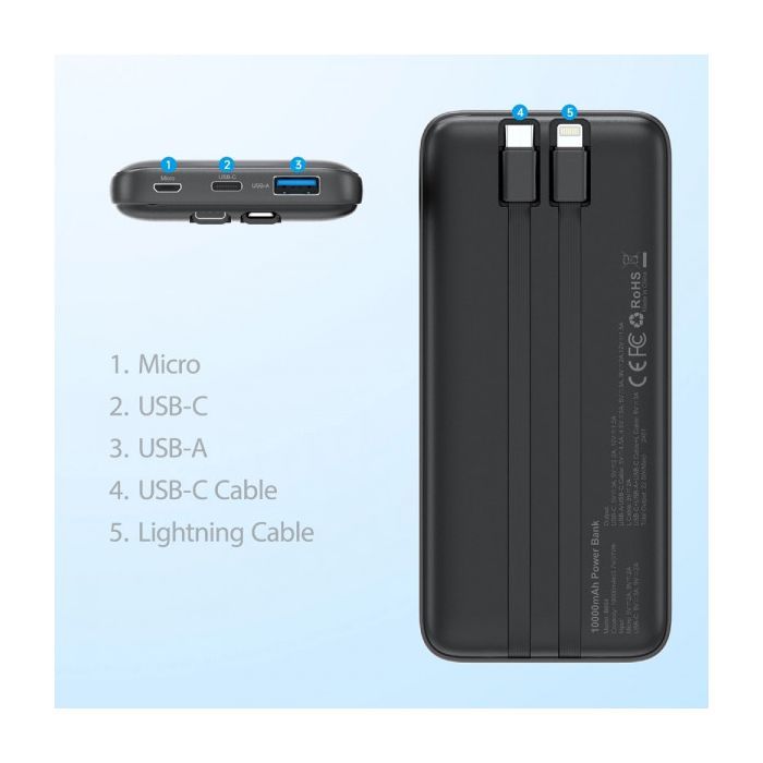 Батарея универсальная Choetech 10000mAh 22,5W, MicroUSB, USB-A, USB-C, build-in USB-C/Lightning cable (B654-BK) изображение 5