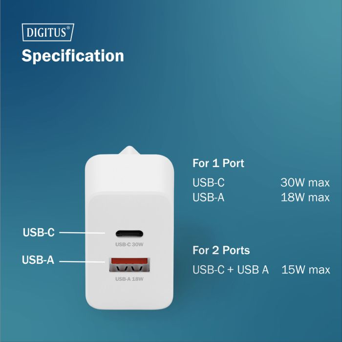 Зарядний пристрій Digitus 1xUSB-C + 1xUSB 30W GaN (DA-10301) зображення 10