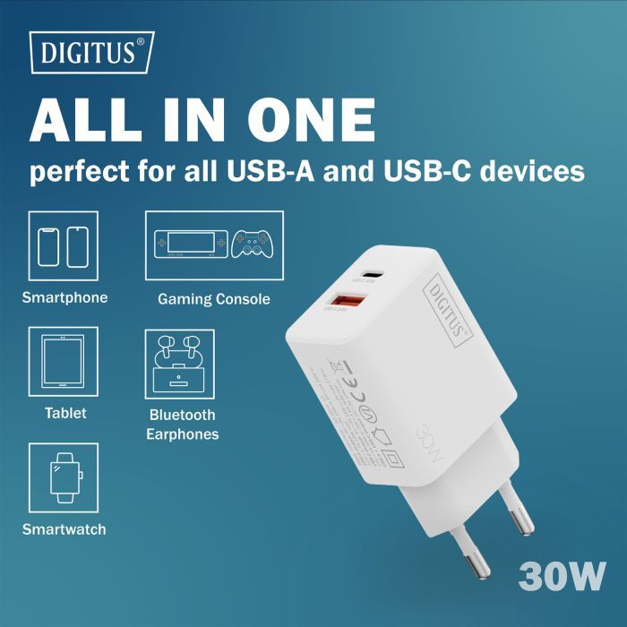 Зарядний пристрій Digitus 1xUSB-C + 1xUSB 30W GaN (DA-10301) зображення 7
