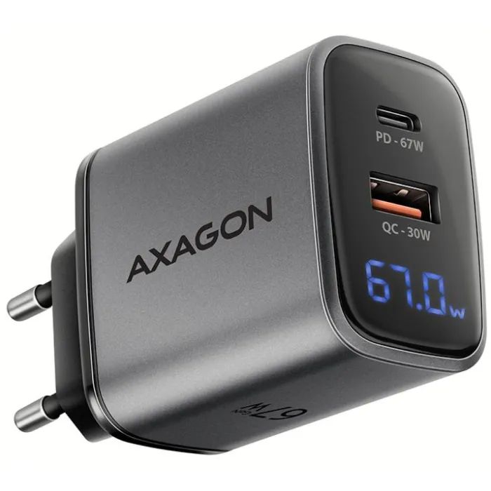 Зарядний пристрій AXAGON 1xUSB-C PD67W + 1xUSB QC4+ PPS display gray (ACU-PQ67D)