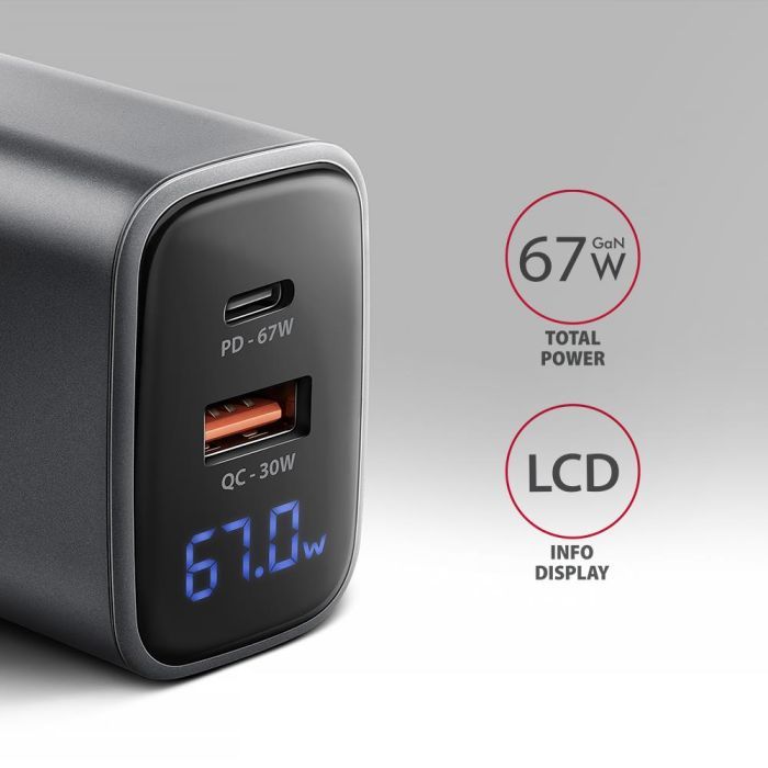 Зарядний пристрій AXAGON 1xUSB-C PD67W + 1xUSB QC4+ PPS display gray (ACU-PQ67D) зображення 2