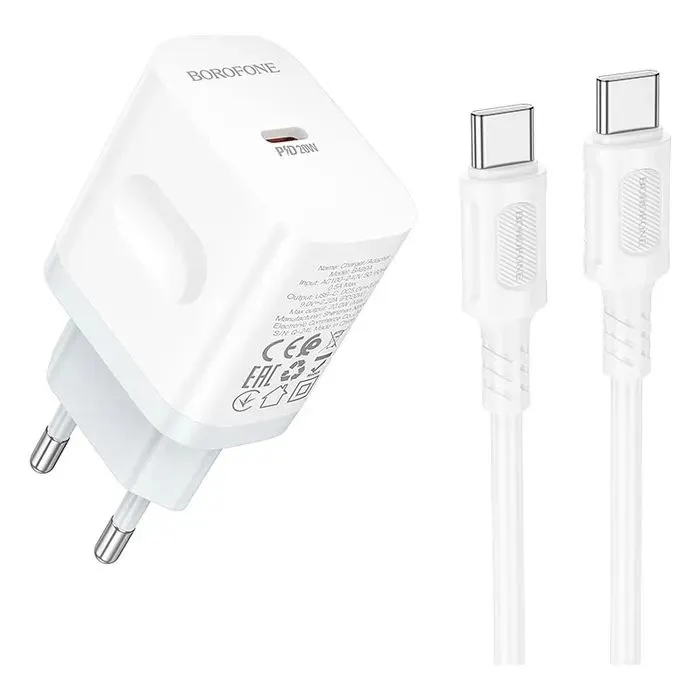Зарядное устройство BOROFONE USB-C PD20W + cable USB-C to USB-C white (6941991121371)