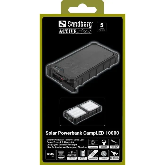 Батарея універсальна Sandberg 10000mAh, 22.5W, PD, Solar, CampLED, PowerThrough, IP65 (421-23) зображення 7