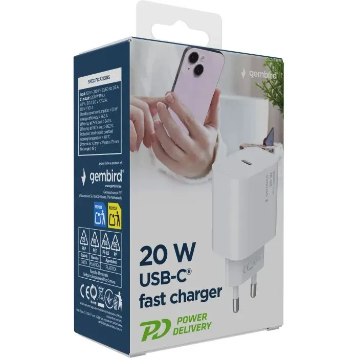 Зарядное устройство Gembird USB-C PD20W white (TA-UC-PD20-01-W) изображение 5