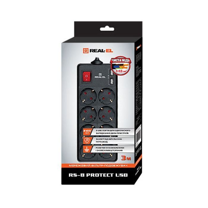 Мережевий фільтр живлення REAL-EL REAL-EL RS-8 PROTECT USB, 3m, black (EL122300020) зображення 2