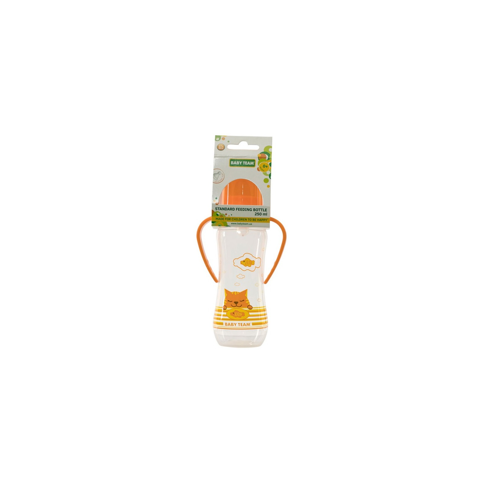 Бутылочка для кормления Baby Team с ручками и силиконовой соской, 250мл 0+ оранж (1411_оранжевый)