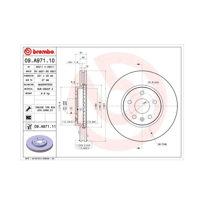 Гальмівний диск Brembo 09.A971.11