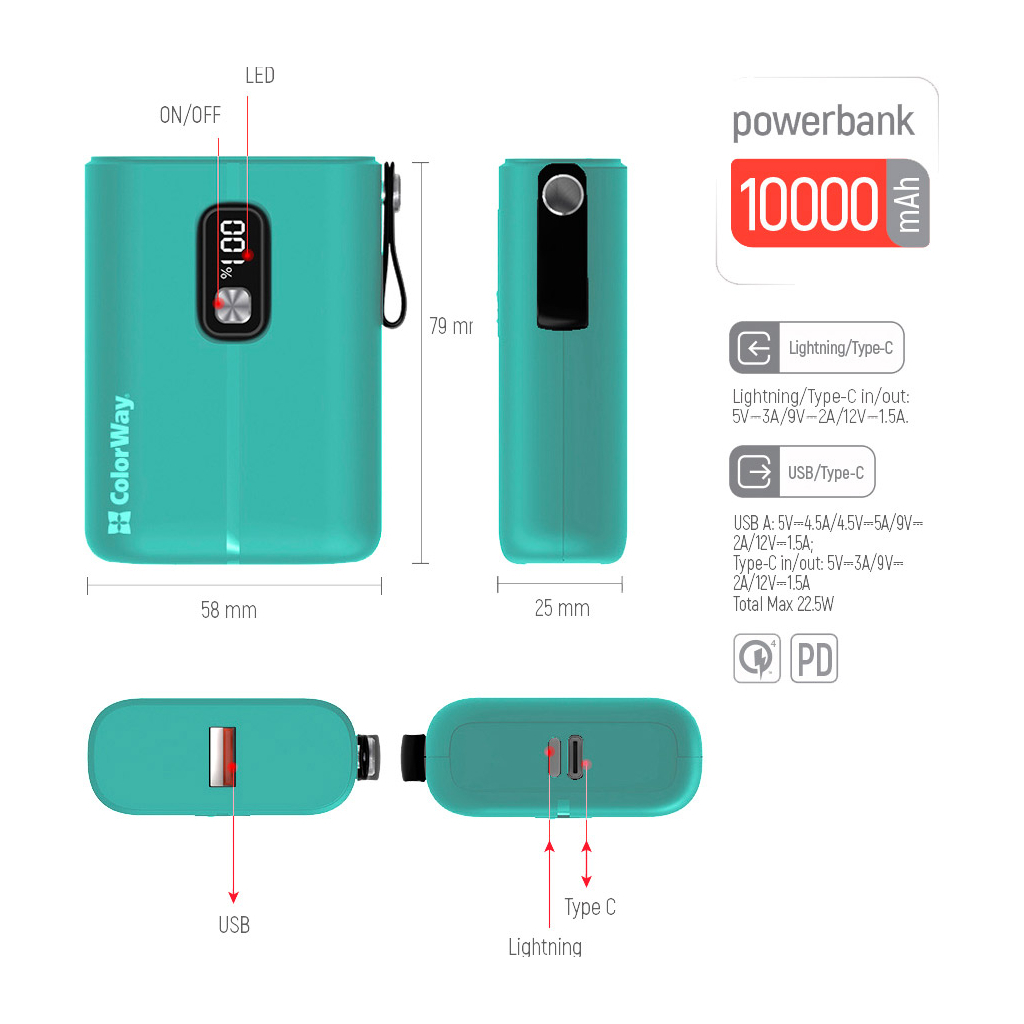 Батарея універсальна ColorWay 10 000 mAh Full power (USB QC3.0 + USB-C Power Delivery 22.5 (CW-PB100LPK2GR-PDD) зображення 4