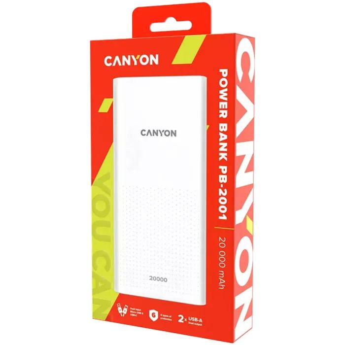 Батарея универсальная Canyon 20000mAh, Input 5V/2A, Output 5V/2.1A(Max), Black (CNE-CPB2001B) изображение 3