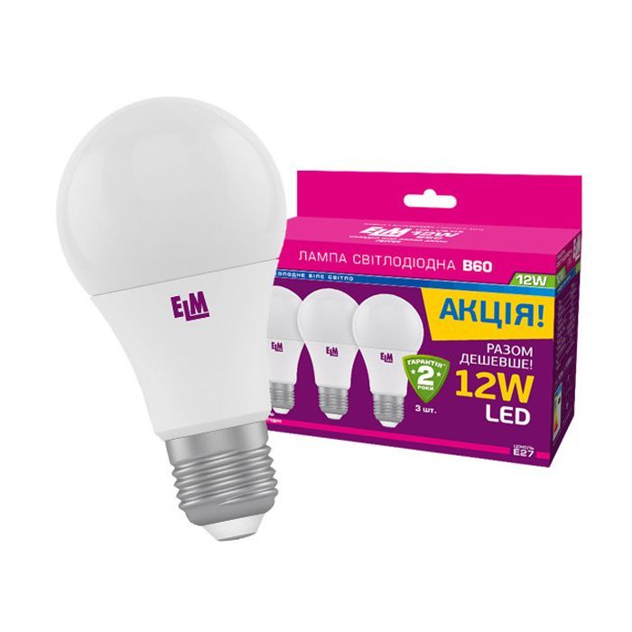Лампочка ELM B60 12W PA10L E27 4000K 3шт. (18-0142)