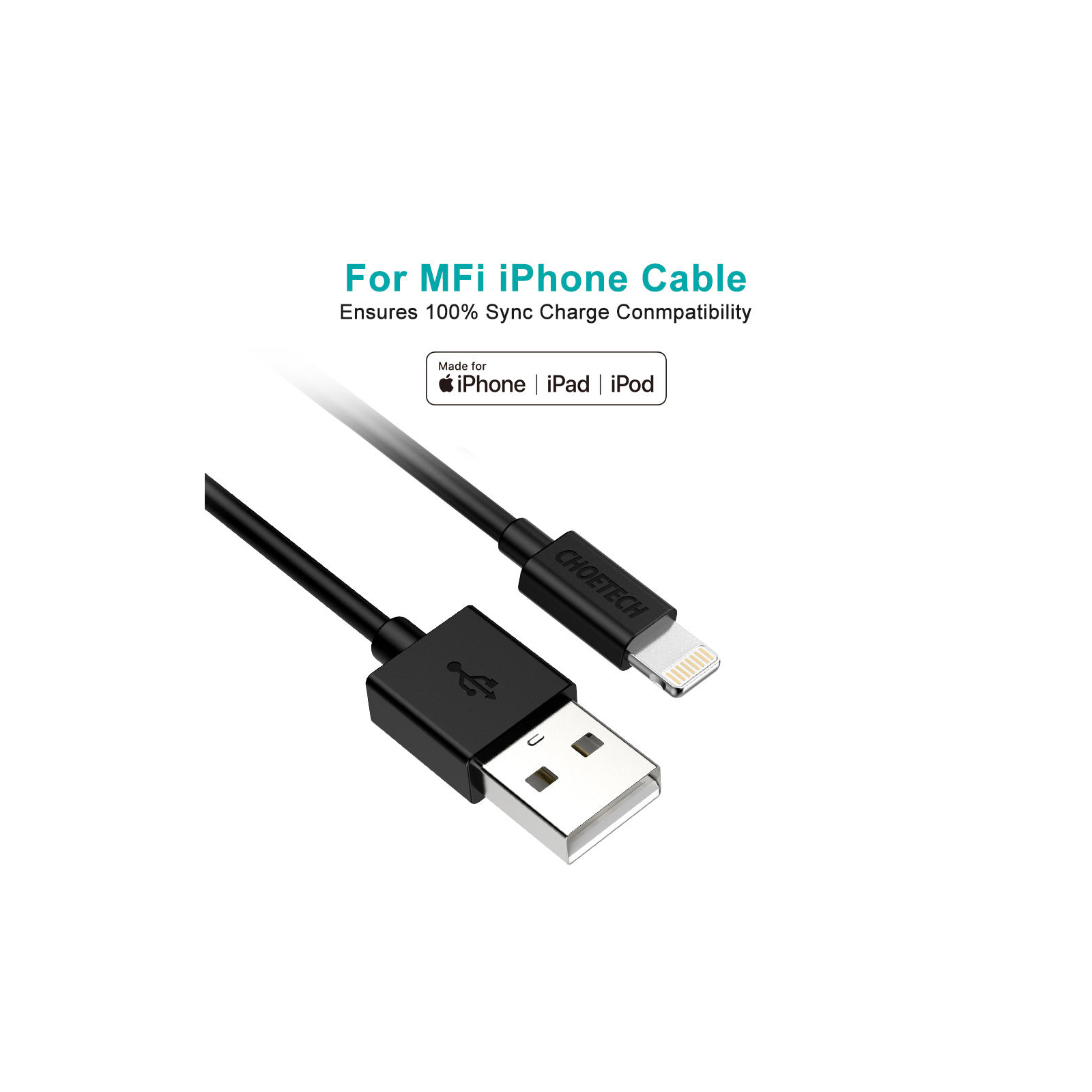 Дата кабель USB 2.0 AM to Lightning 1.2m 2.4A MFI Choetech (IP0026) зображення 2