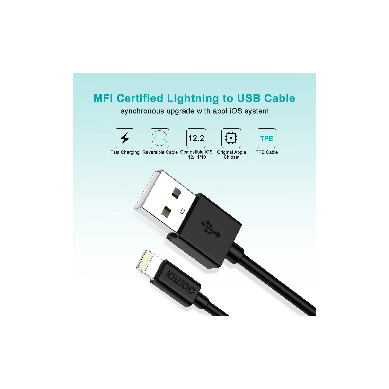 Дата кабель USB 2.0 AM to Lightning 1.2m 2.4A MFI Choetech (IP0026) зображення 4