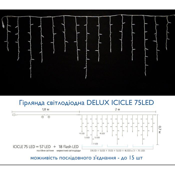 Гирлянда Delux ICICLE flash 75LED 2 х 0.7 м мульти/белый IP44 EN (90012956) изображение 3