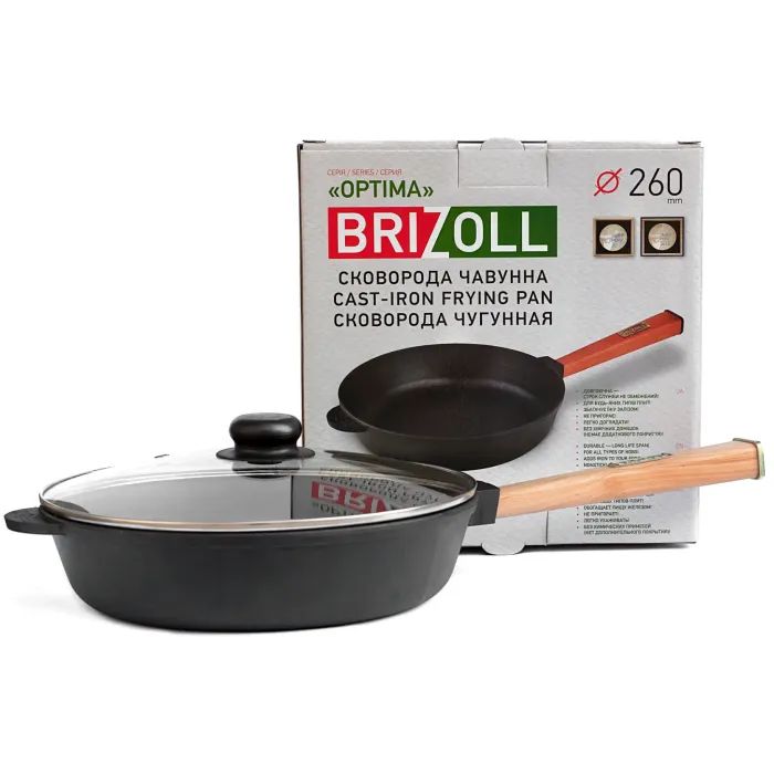 Сковорода Brizoll Optima чавунна з ручкою та скляною кришкою 260х60 мм (O2660-P-C)