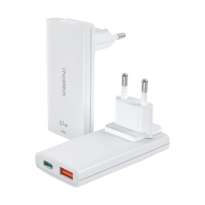 Зарядний пристрій Choetech 2xUSB 65W GaN (USB-C+USB-A) Ultra thin (PD6011-EU-WH)