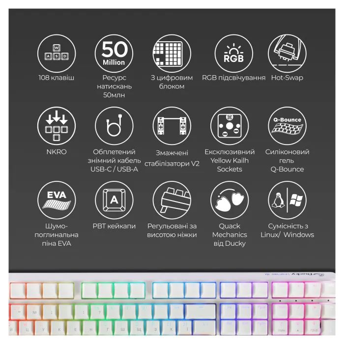 Клавиатура Ducky One 3 Cherry MX Blue RGB UA USB Black (DKON2108ST-CUAPXCLAWSC1) изображение 4