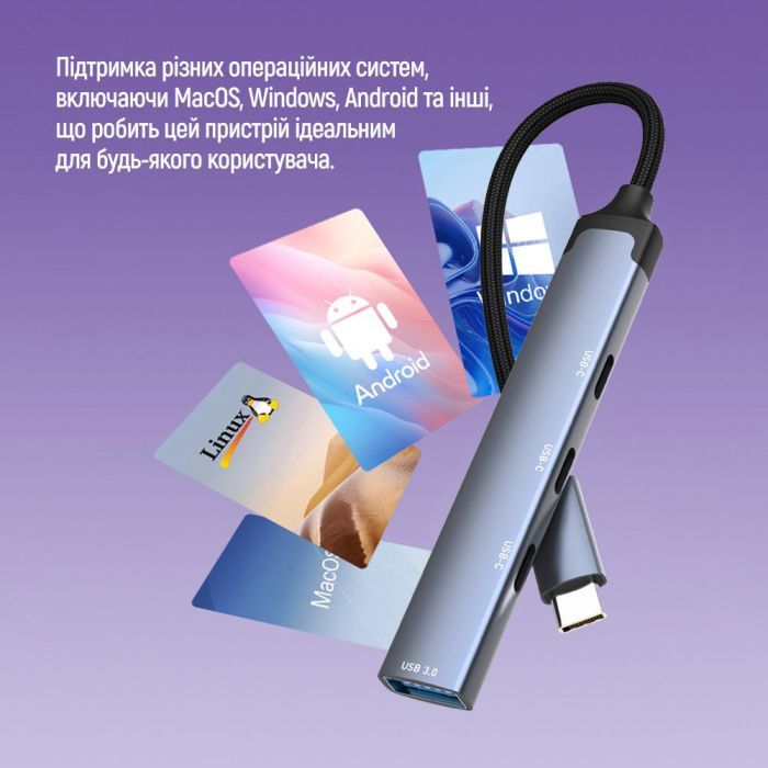 Концентратор ColorWay USB-C 4-in-1 USB-C2.0х3/USB3.0 (CW-HUB07) изображение 11