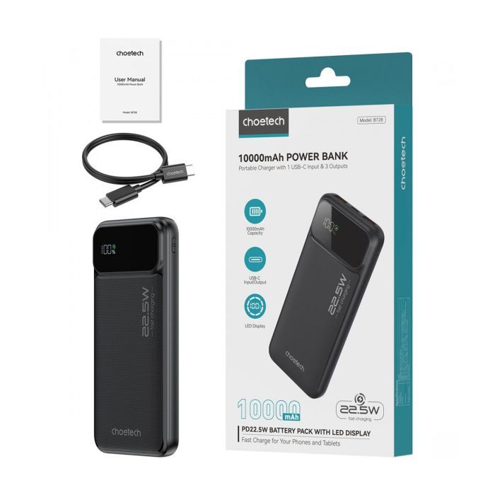 Батарея универсальная Choetech 10000mAh 22.5W, PD, QC/3.0, USB-A, USB-C, Black (B728-CCBK) изображение 3