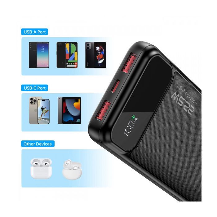 Батарея универсальная Choetech 10000mAh 22.5W, PD, QC/3.0, USB-A, USB-C, Black (B728-CCBK) изображение 4
