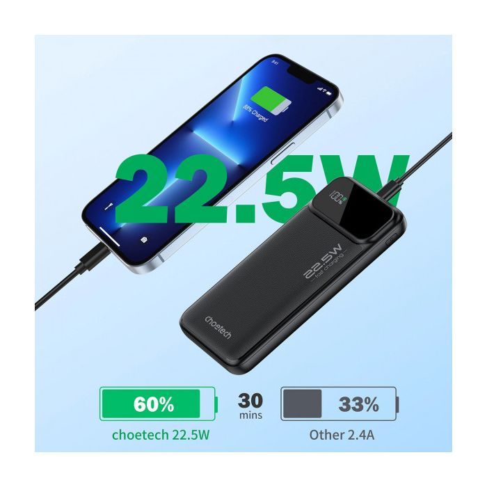 Батарея универсальная Choetech 10000mAh 22.5W, PD, QC/3.0, USB-A, USB-C, Black (B728-CCBK) изображение 5