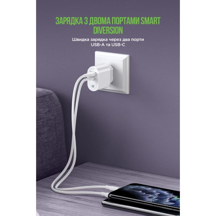 Зарядний пристрій MadeInFuture MFS12 12W 1xUSB-A + 1xUSB-C + cable USB-A to Lightning White (MIF82823) зображення 6