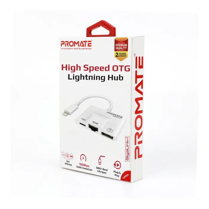Адаптер Lightning to RJ45 Ethernet + USB 3.0 OTG + Lightning Promate (gigalink-i.white) изображение 2