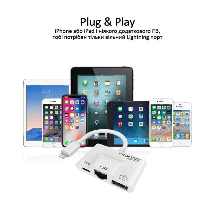 Адаптер Lightning to RJ45 Ethernet + USB 3.0 OTG + Lightning Promate (gigalink-i.white) изображение 3